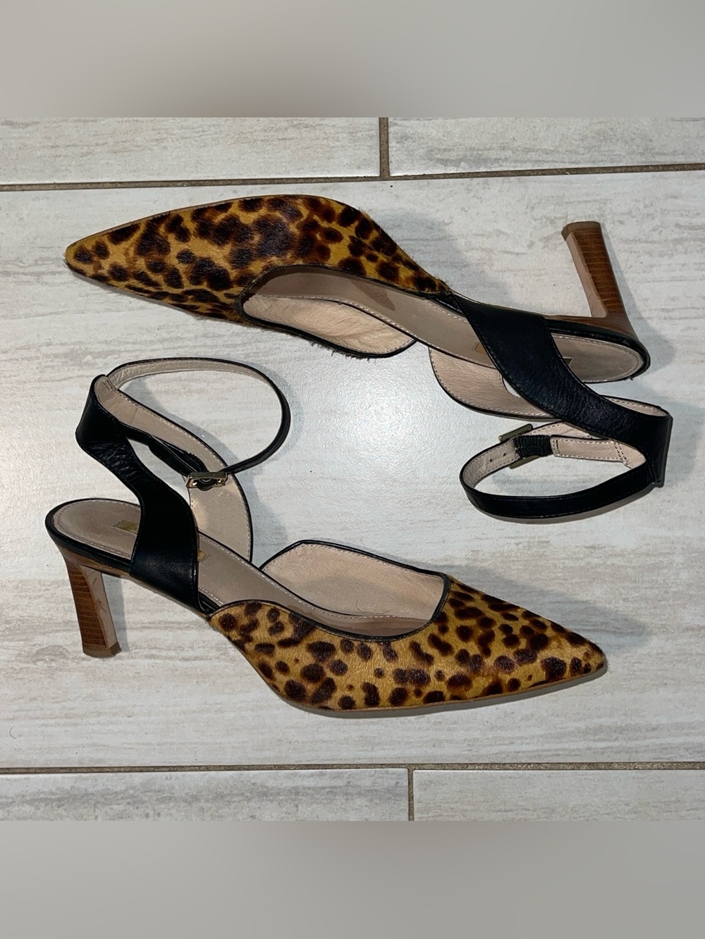 Louise et Cie Black & Brown Animal Print Pointed Toe Ankle Strap Heels